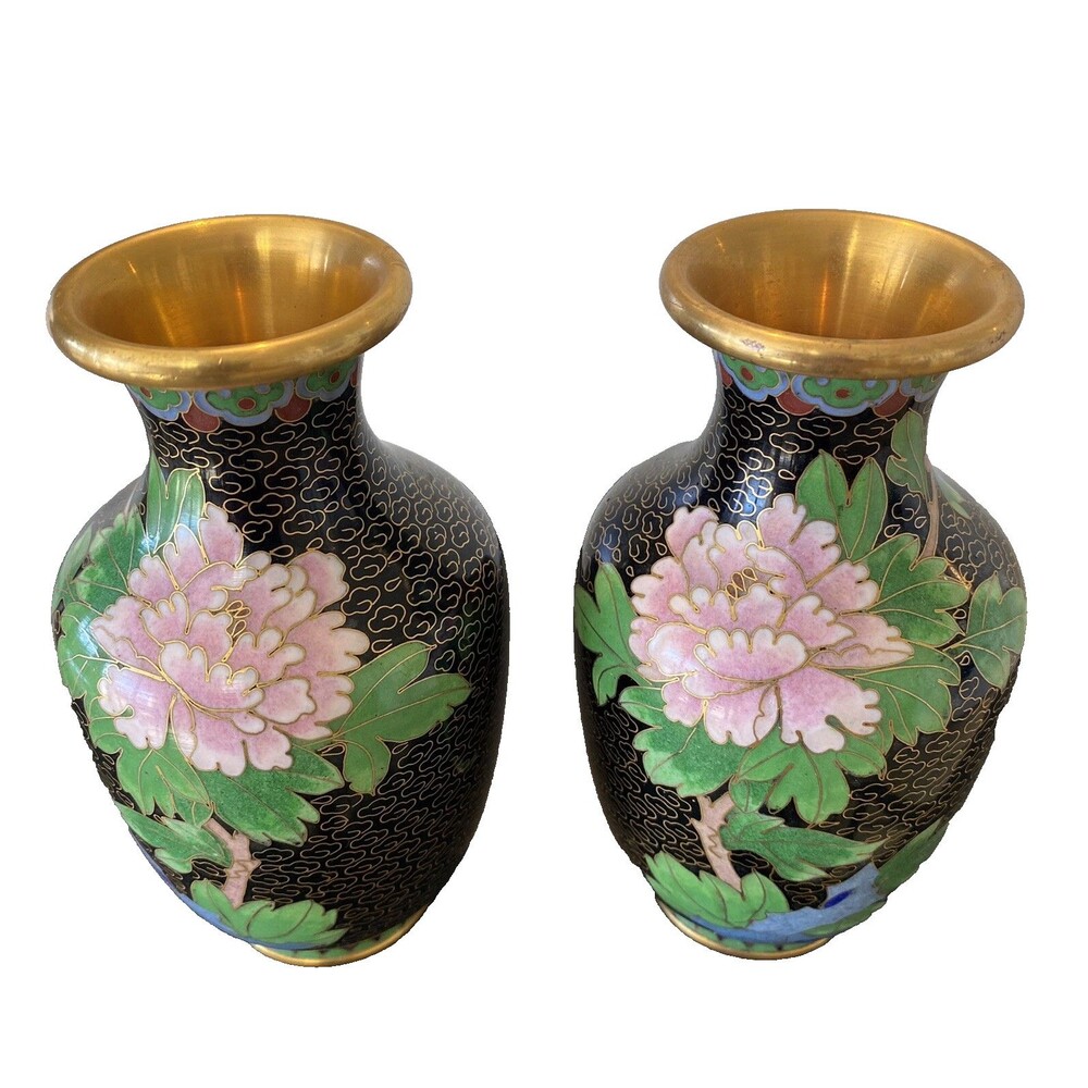 Vintage Black Chinese Cloisonné Mini Vases 5" Brass With Painted Enamel/Box